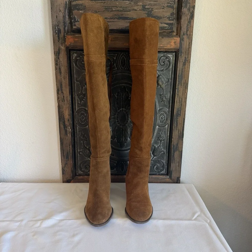 Franco Sarto Elnora Tall Suede Over The Knee Boots Brown Boho Fringe Tassel Sz 9